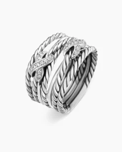 Double X Crossover Ring Sterling Silver with Diamonds, 13mm