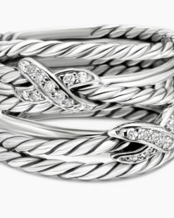Double X Crossover Ring Sterling Silver with Diamonds, 13mm