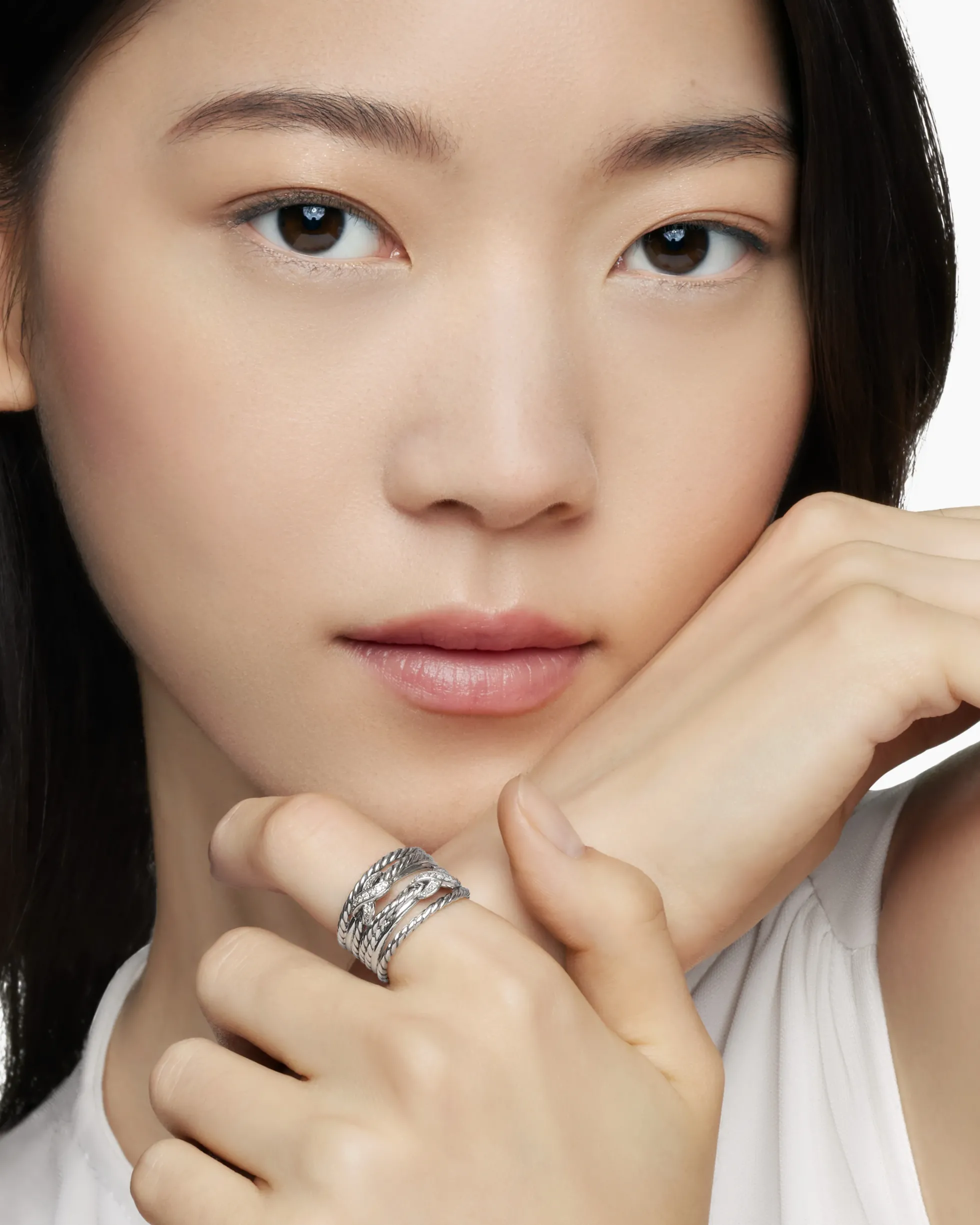 Double X Crossover Ring Sterling Silver with Diamonds, 13mm