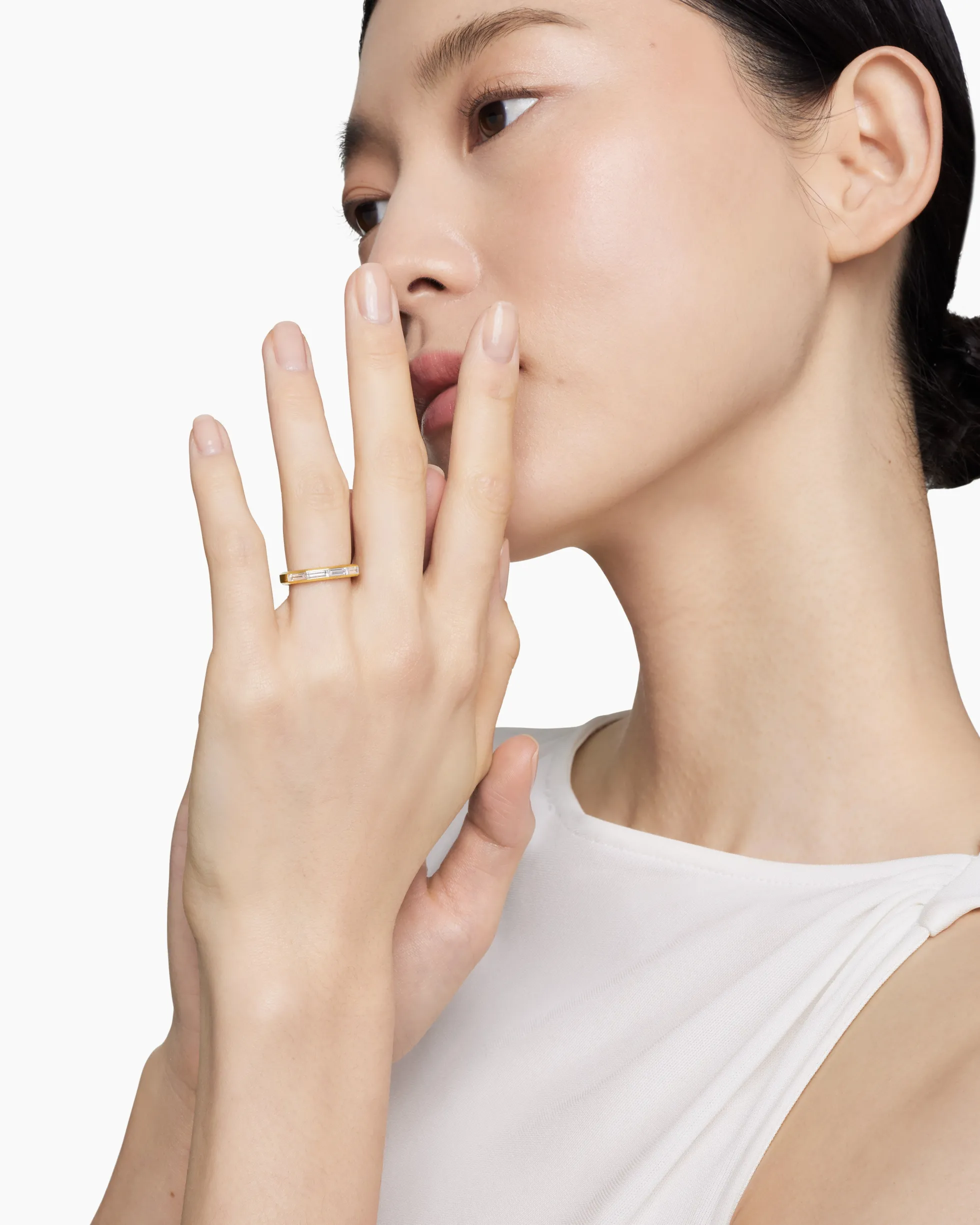 DY Delaunay Band Ring 18K Yellow Gold with Baguette Diamonds, 3.2mm