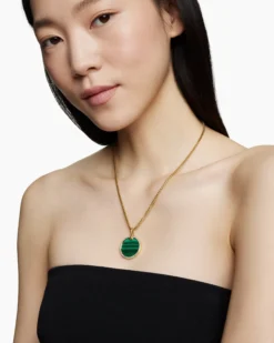 DY Elements® Disc Pendant 18K Yellow Gold with Malachite and Diamond Rim, 24mm
