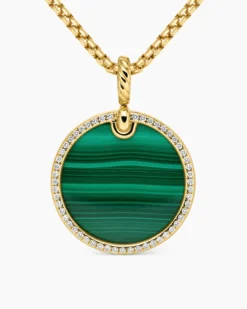 DY Elements® Disc Pendant 18K Yellow Gold with Malachite and Diamond Rim, 24mm