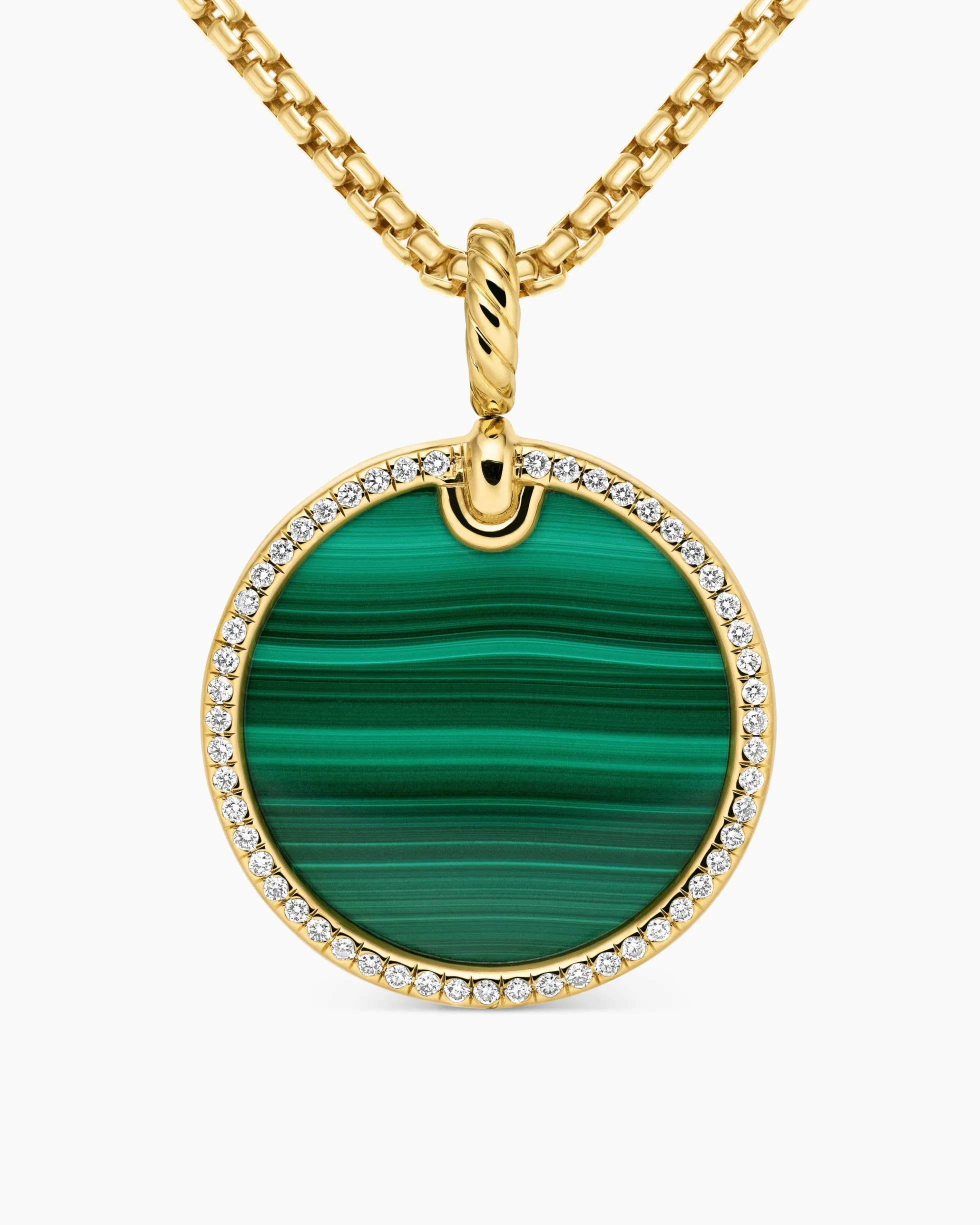 DY Elements® Disc Pendant 18K Yellow Gold with Malachite and Diamond Rim, 24mm