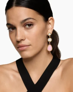 DY Elements® Statement Drop Earrings 18K Yellow Gold with Pink Opal, Mother of Pearl and Pink Tourmaline, 70mm