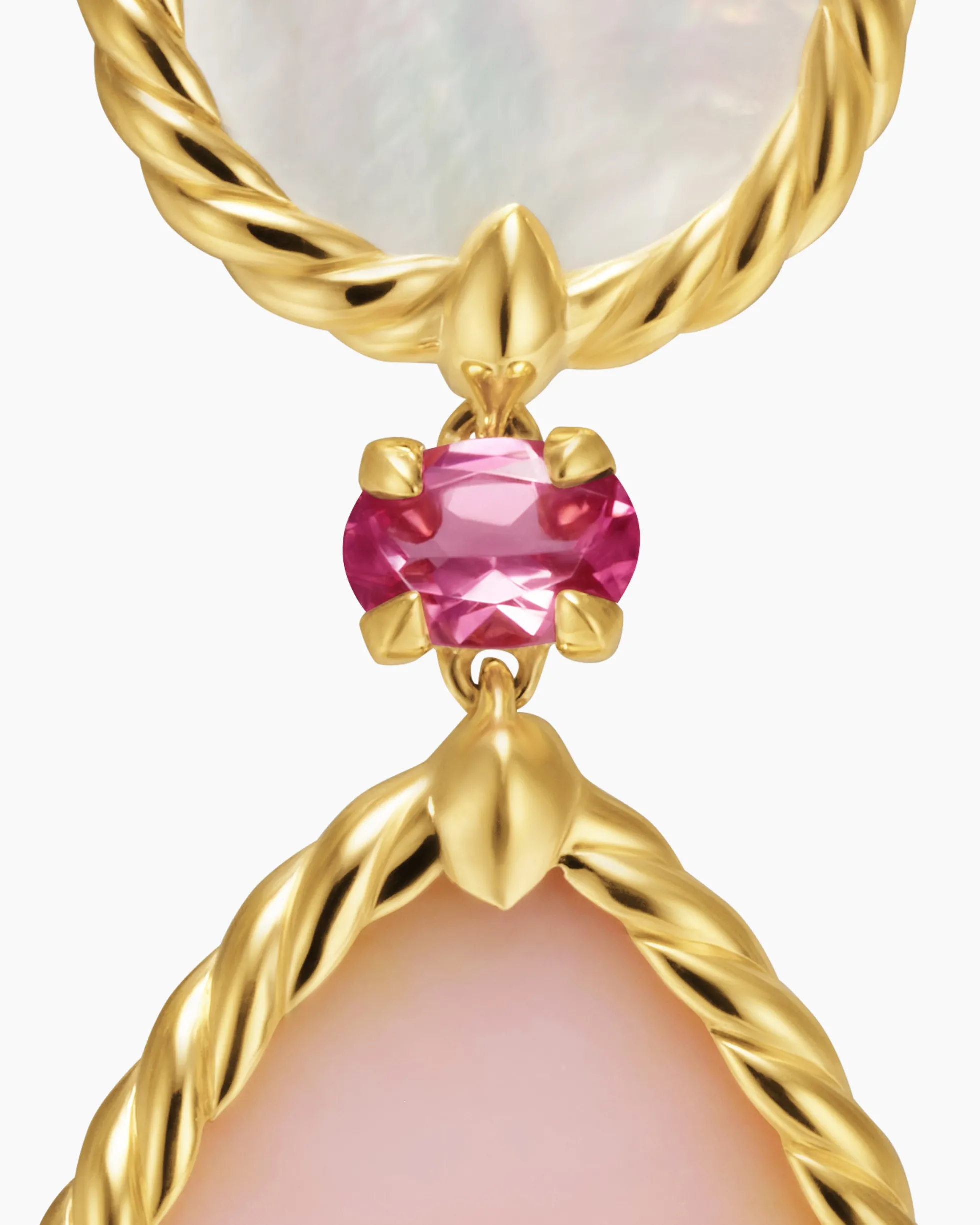 DY Elements® Statement Drop Earrings 18K Yellow Gold with Pink Opal, Mother of Pearl and Pink Tourmaline, 70mm