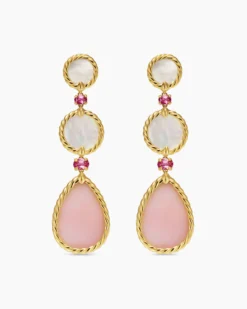 DY Elements® Statement Drop Earrings 18K Yellow Gold with Pink Opal, Mother of Pearl and Pink Tourmaline, 70mm
