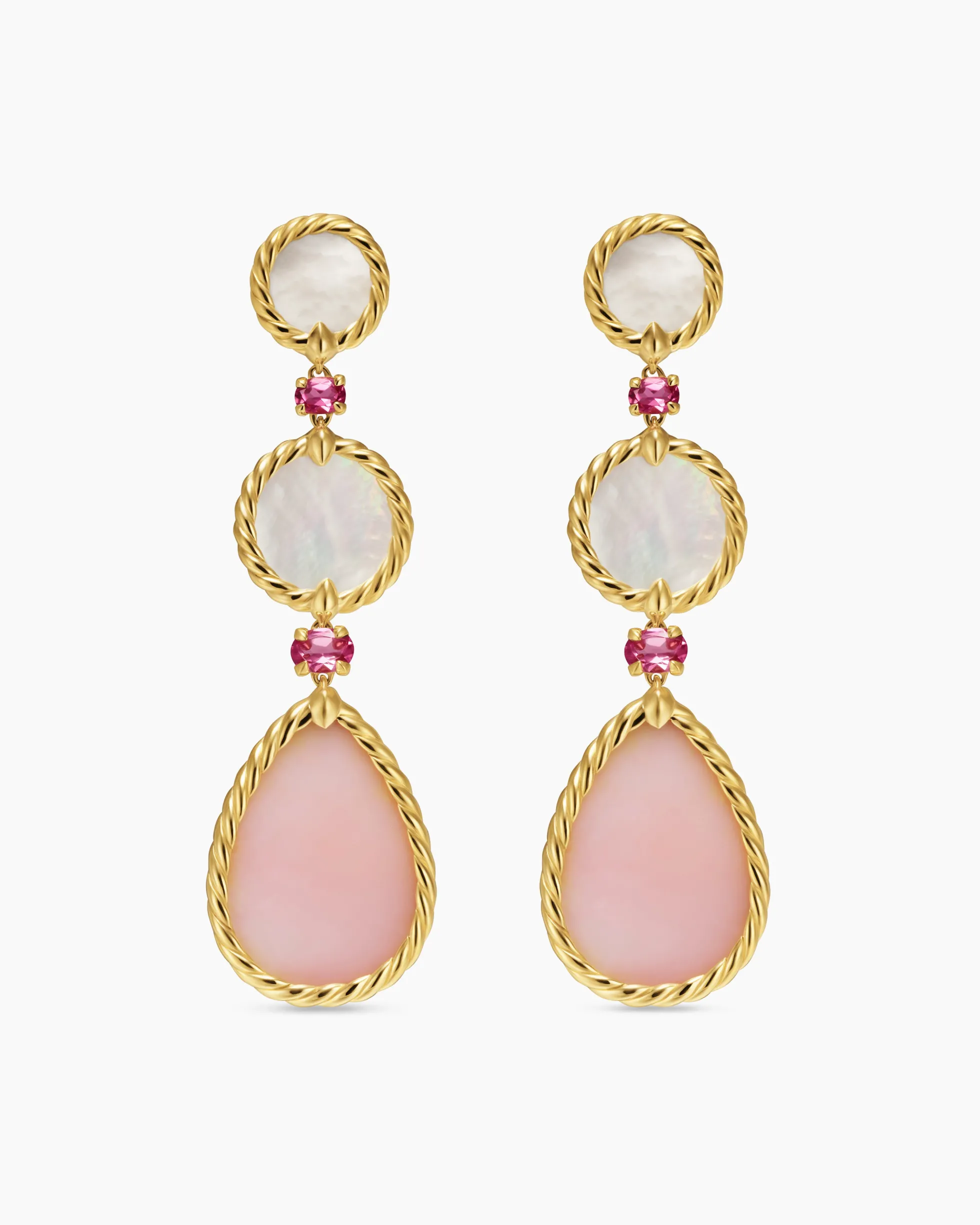 DY Elements® Statement Drop Earrings 18K Yellow Gold with Pink Opal, Mother of Pearl and Pink Tourmaline, 70mm
