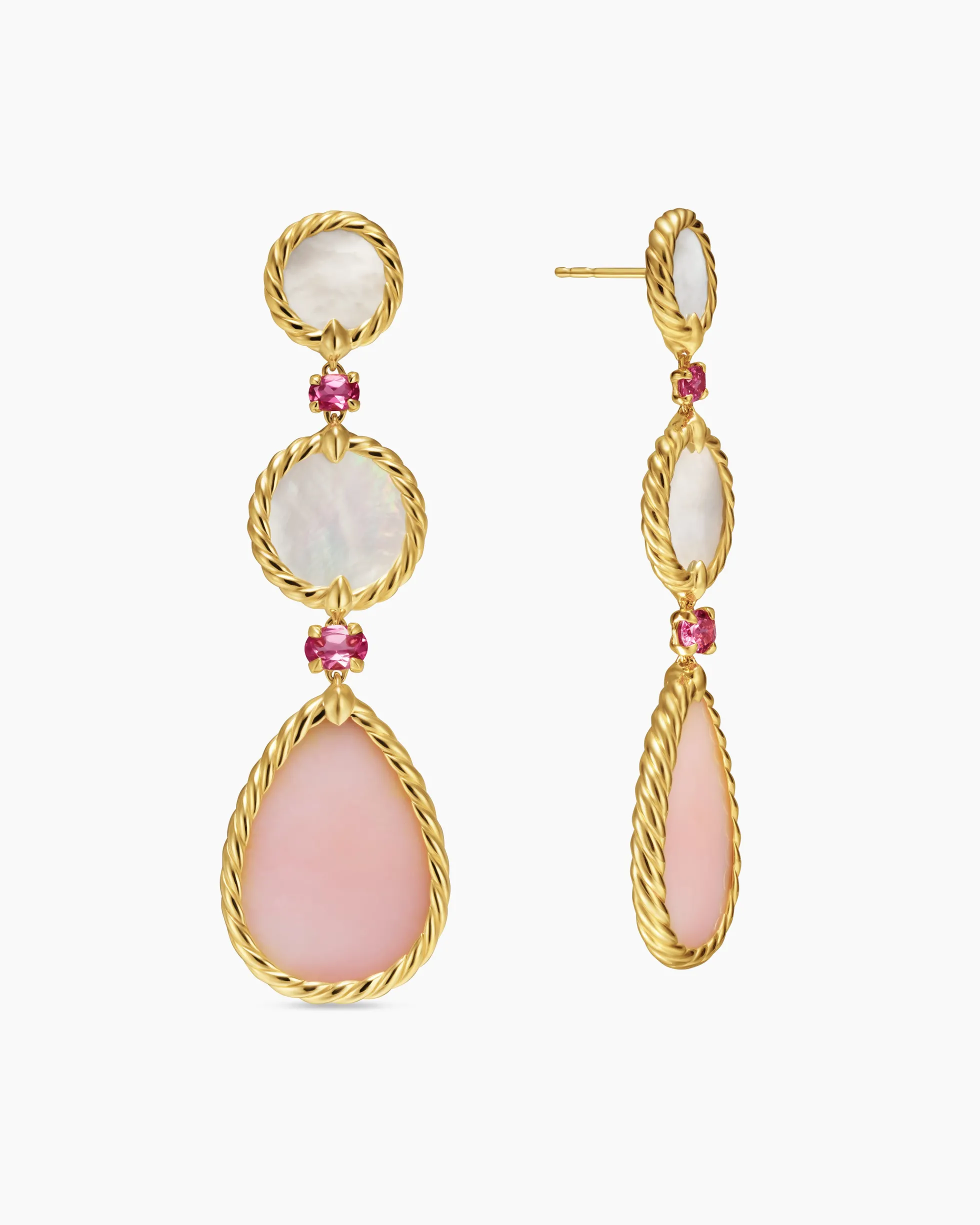 DY Elements® Statement Drop Earrings 18K Yellow Gold with Pink Opal, Mother of Pearl and Pink Tourmaline, 70mm