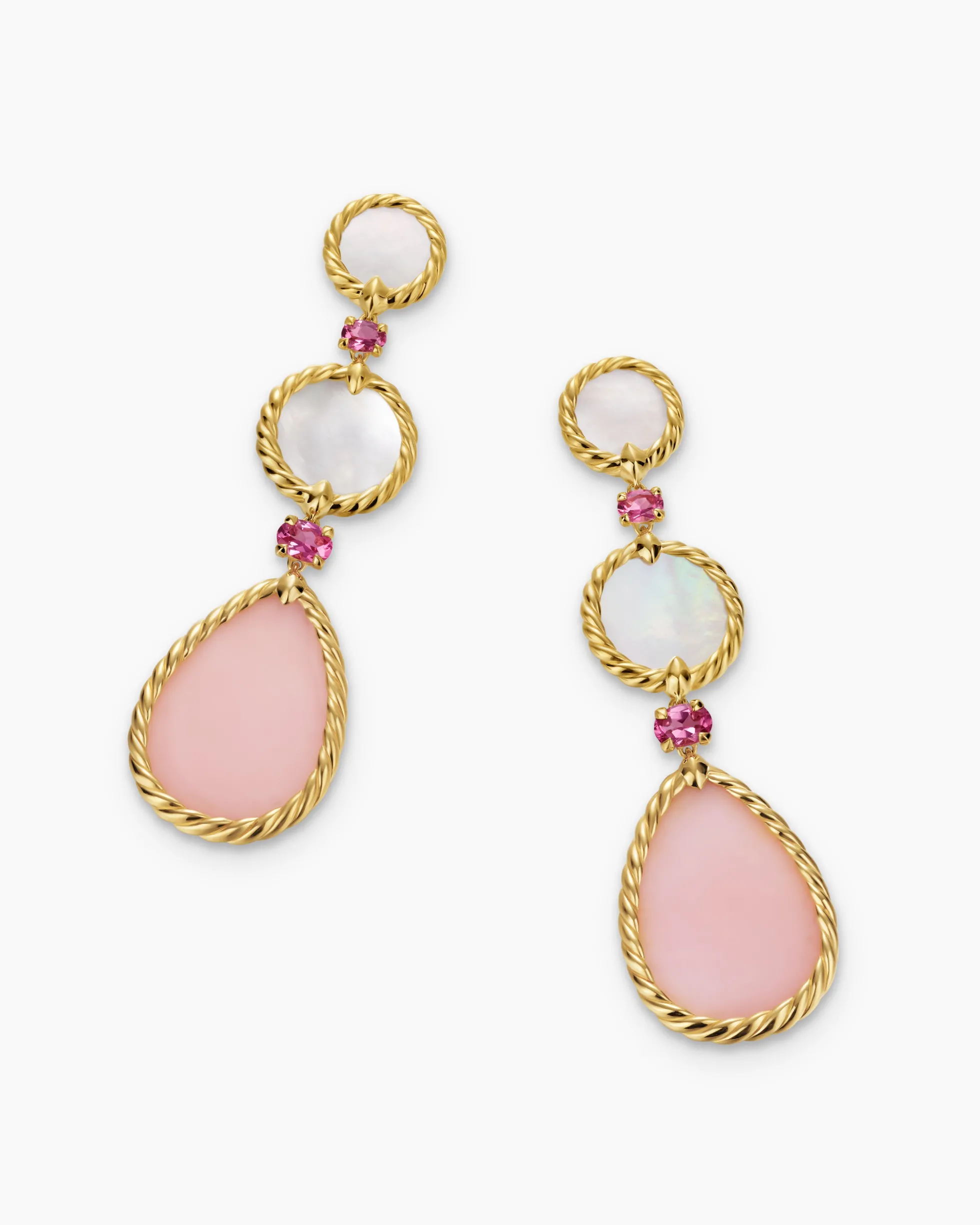 DY Elements® Statement Drop Earrings 18K Yellow Gold with Pink Opal, Mother of Pearl and Pink Tourmaline, 70mm