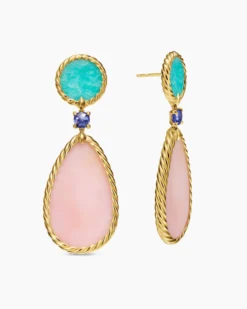 DY Elements® Statement Drop Earrings 18K Yellow Gold with Pink Opal, Amazonite and Tanzanite, 56mm