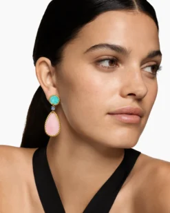 DY Elements® Statement Drop Earrings 18K Yellow Gold with Pink Opal, Amazonite and Tanzanite, 56mm