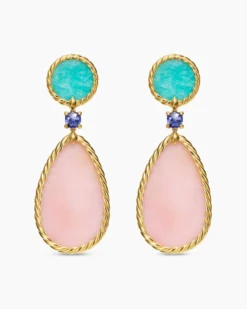 DY Elements® Statement Drop Earrings 18K Yellow Gold with Pink Opal, Amazonite and Tanzanite, 56mm