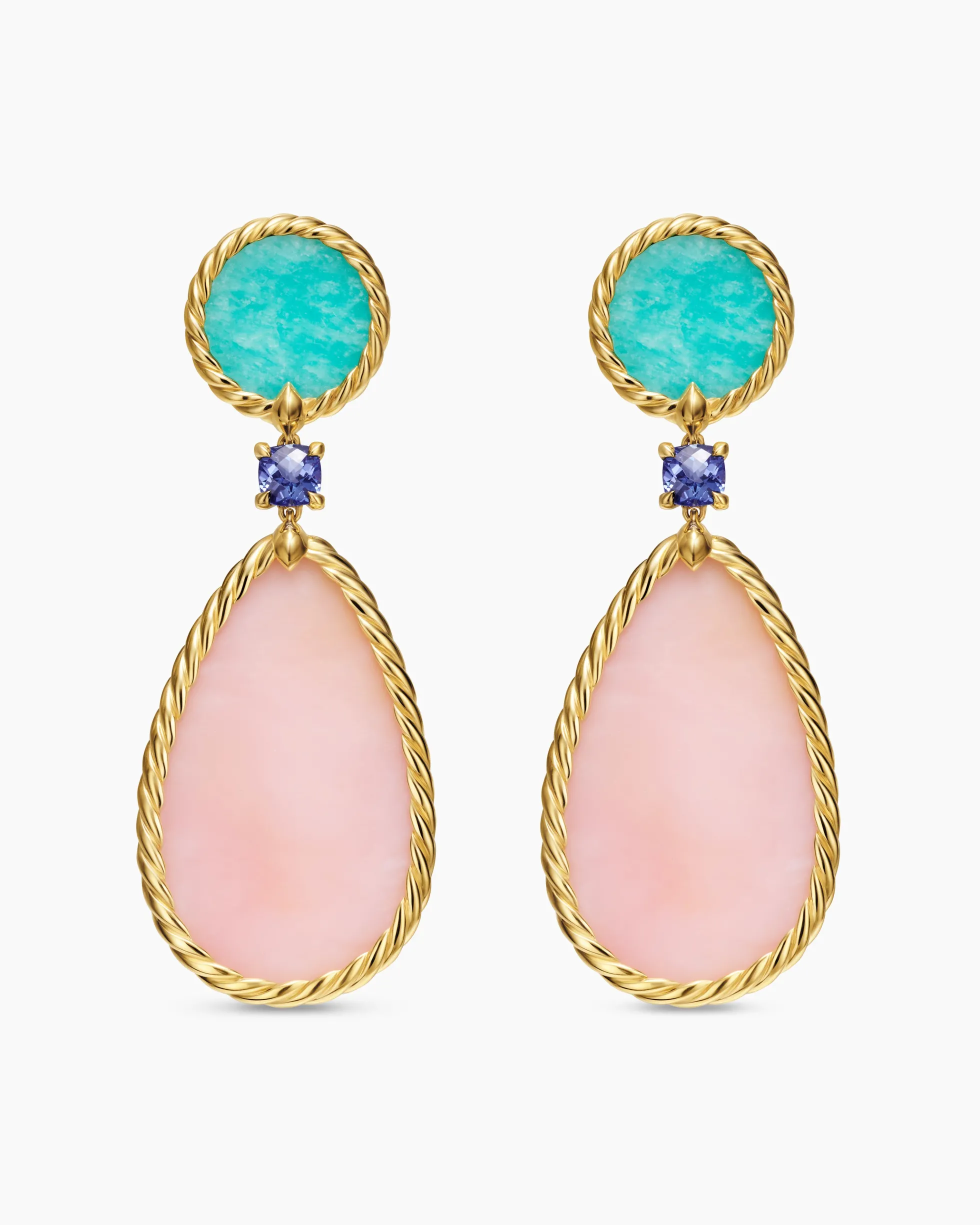 DY Elements® Statement Drop Earrings 18K Yellow Gold with Pink Opal, Amazonite and Tanzanite, 56mm