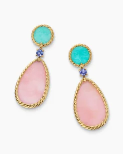 DY Elements® Statement Drop Earrings 18K Yellow Gold with Pink Opal, Amazonite and Tanzanite, 56mm