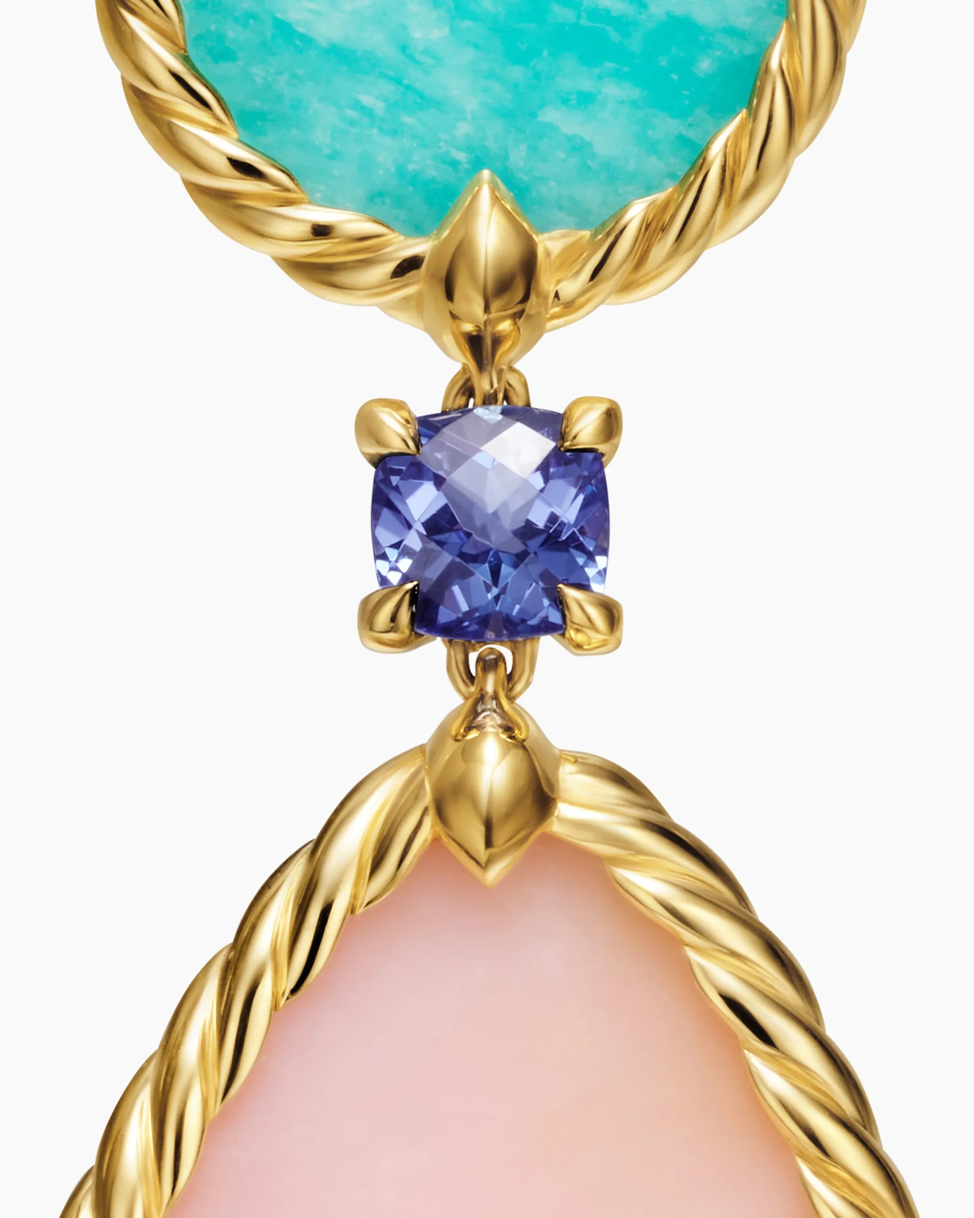 DY Elements® Statement Drop Earrings 18K Yellow Gold with Pink Opal, Amazonite and Tanzanite, 56mm