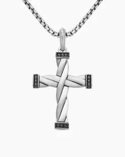 DY Helios™ Cross Pendant Sterling Silver with Black Diamonds, 36mm