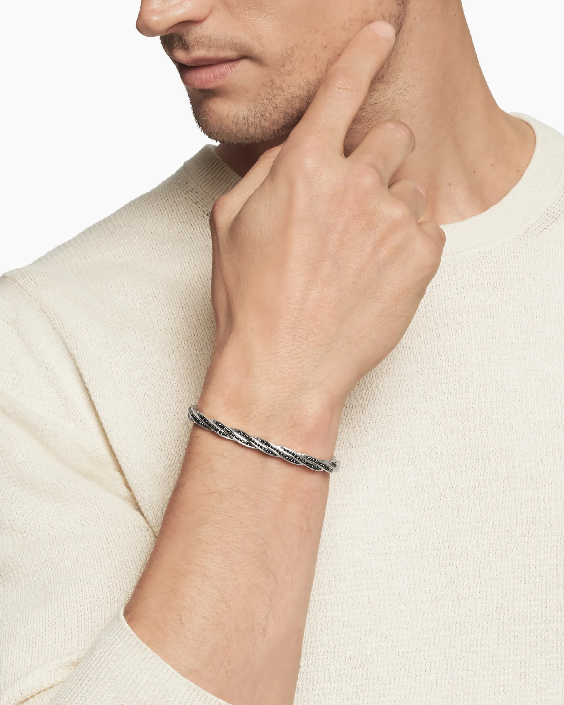 DY Helios™ Cuff Bracelet Sterling Silver with Black Diamonds, 6mm