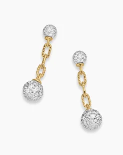 DY Madison® Pavé Bead Drop Earrings 18K Yellow Gold with Diamonds, 33mm