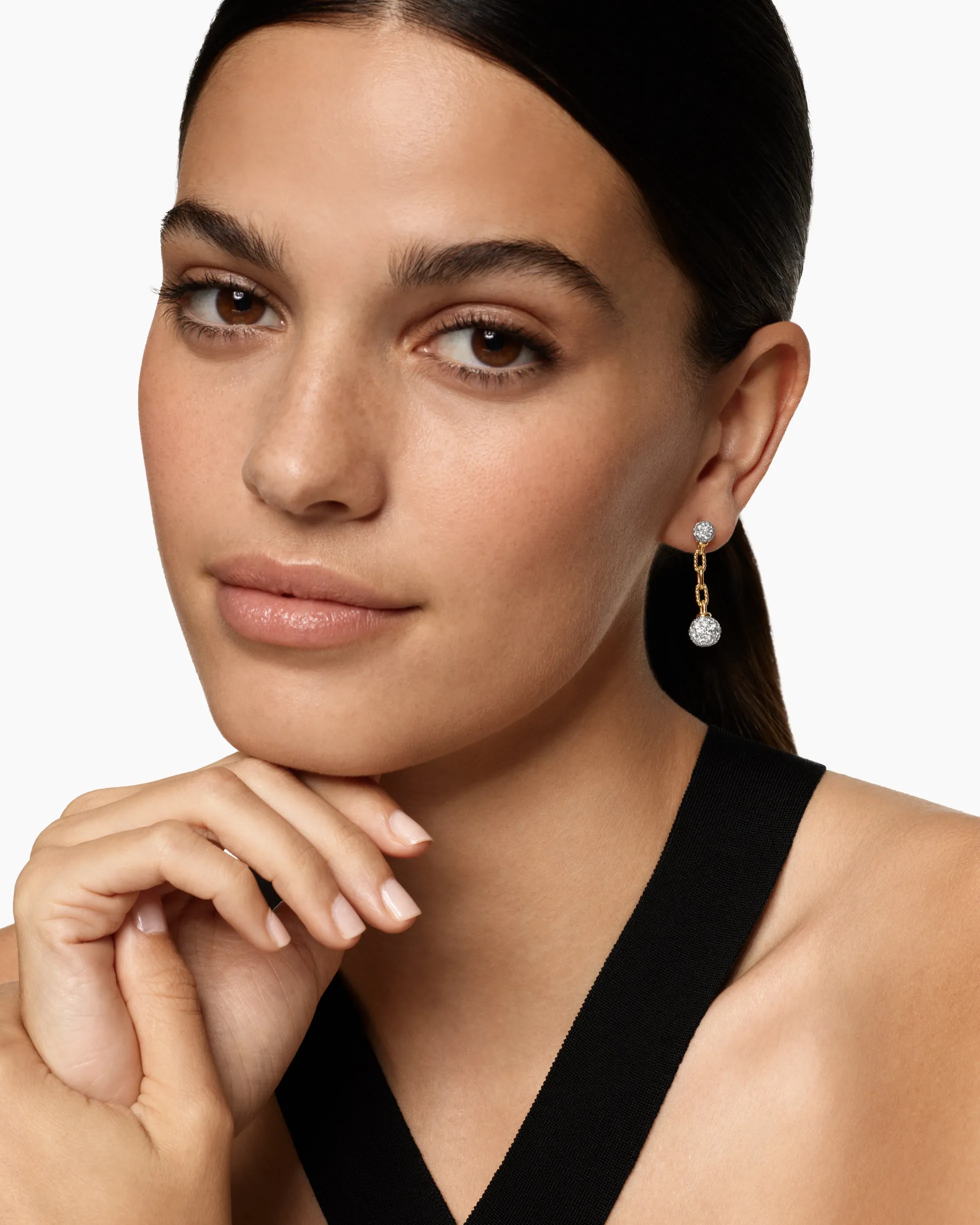 DY Madison® Pavé Bead Drop Earrings 18K Yellow Gold with Diamonds, 33mm