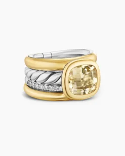DY Mercer® Color Four Row Stone Ring Sterling Silver with 18K Yellow Gold, Champagne Citrine and Diamonds, 14mm