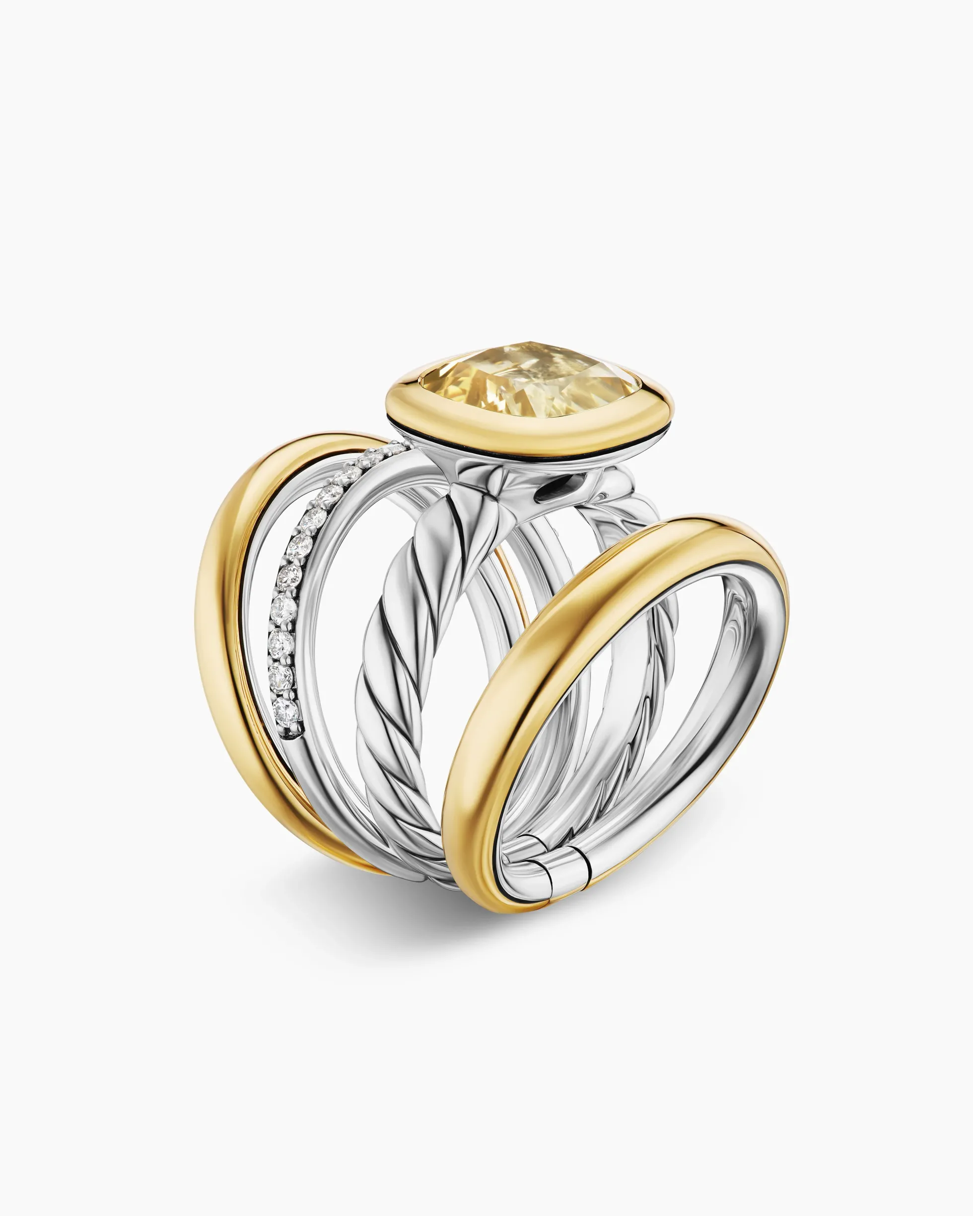 DY Mercer® Color Four Row Stone Ring Sterling Silver with 18K Yellow Gold, Champagne Citrine and Diamonds, 14mm
