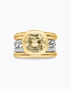 DY Mercer® Color Four Row Stone Ring Sterling Silver with 18K Yellow Gold, Champagne Citrine and Diamonds, 14mm