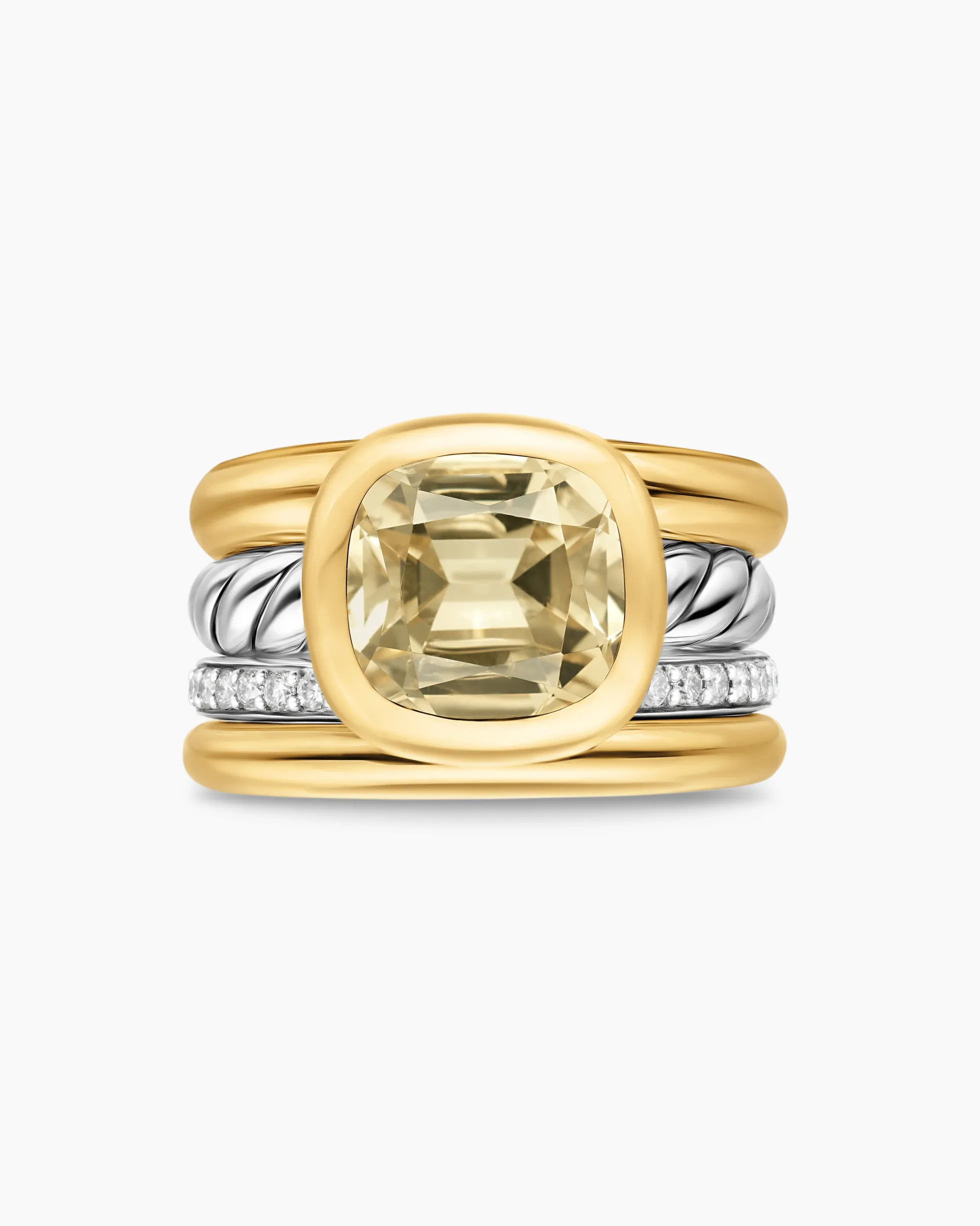 DY Mercer® Color Four Row Stone Ring Sterling Silver with 18K Yellow Gold, Champagne Citrine and Diamonds, 14mm
