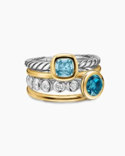 DY Mercer® Color Stone Multi Row Ring Sterling Silver with 18K Yellow Gold, Blue Topaz and Diamonds, 10mm