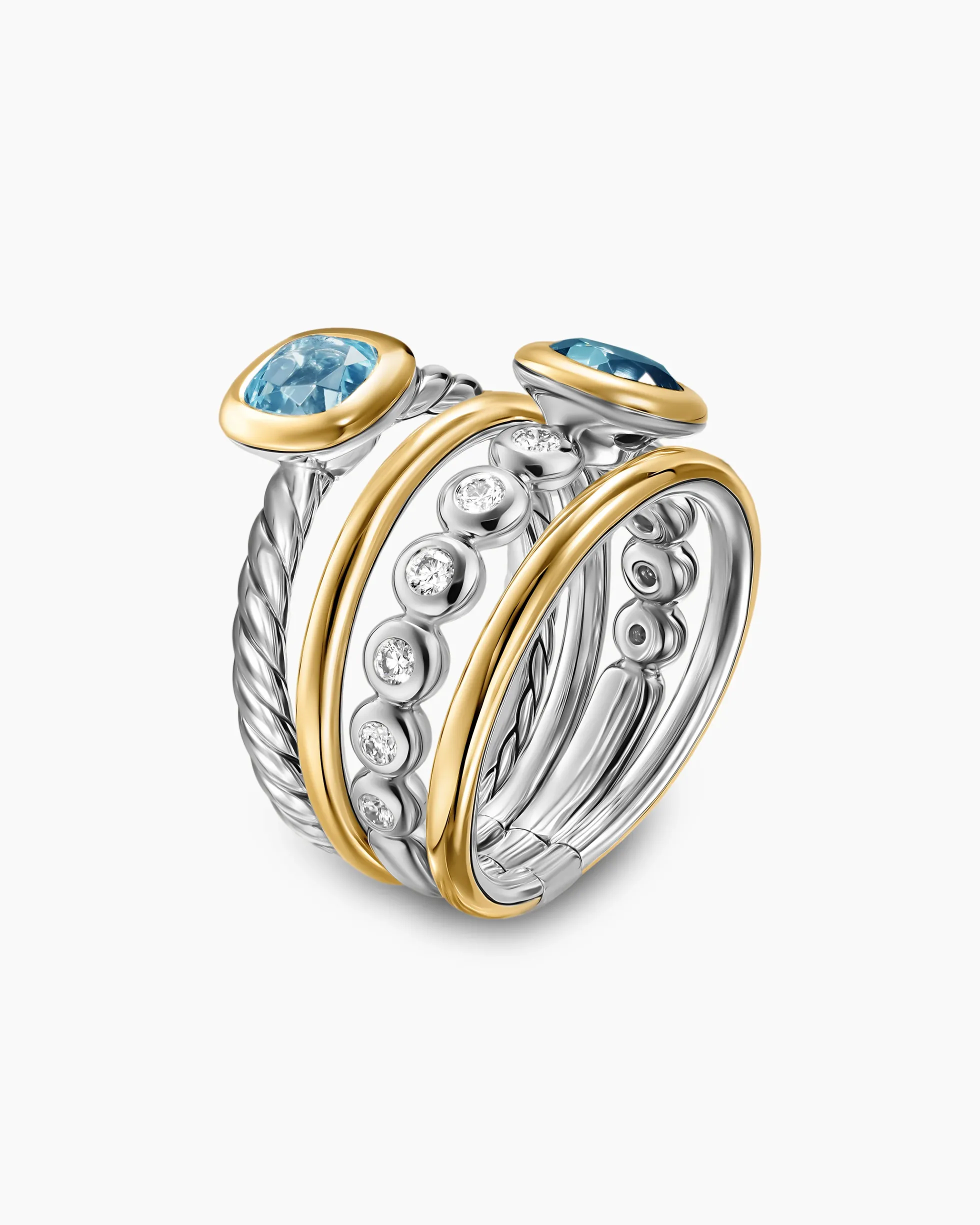 DY Mercer® Color Stone Multi Row Ring Sterling Silver with 18K Yellow Gold, Blue Topaz and Diamonds, 10mm