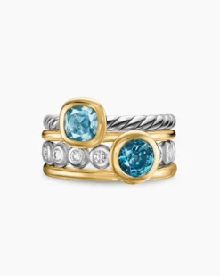 DY Mercer® Color Stone Multi Row Ring Sterling Silver with 18K Yellow Gold, Blue Topaz and Diamonds, 10mm