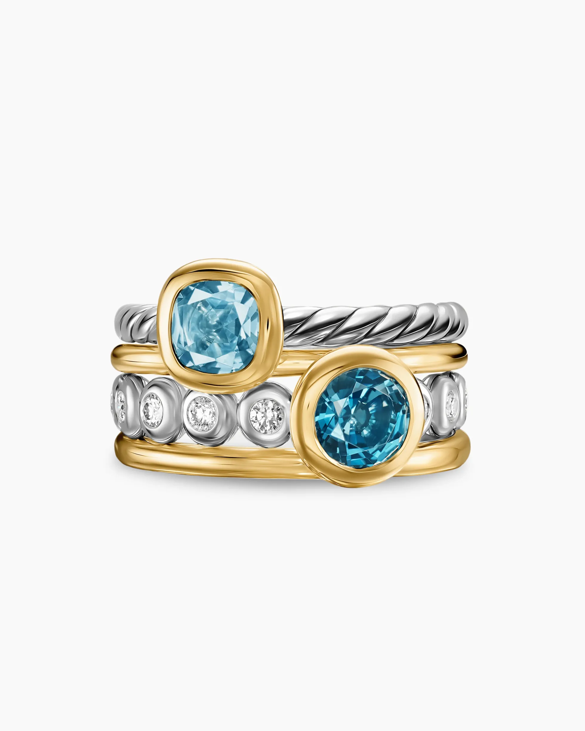 DY Mercer® Color Stone Multi Row Ring Sterling Silver with 18K Yellow Gold, Blue Topaz and Diamonds, 10mm