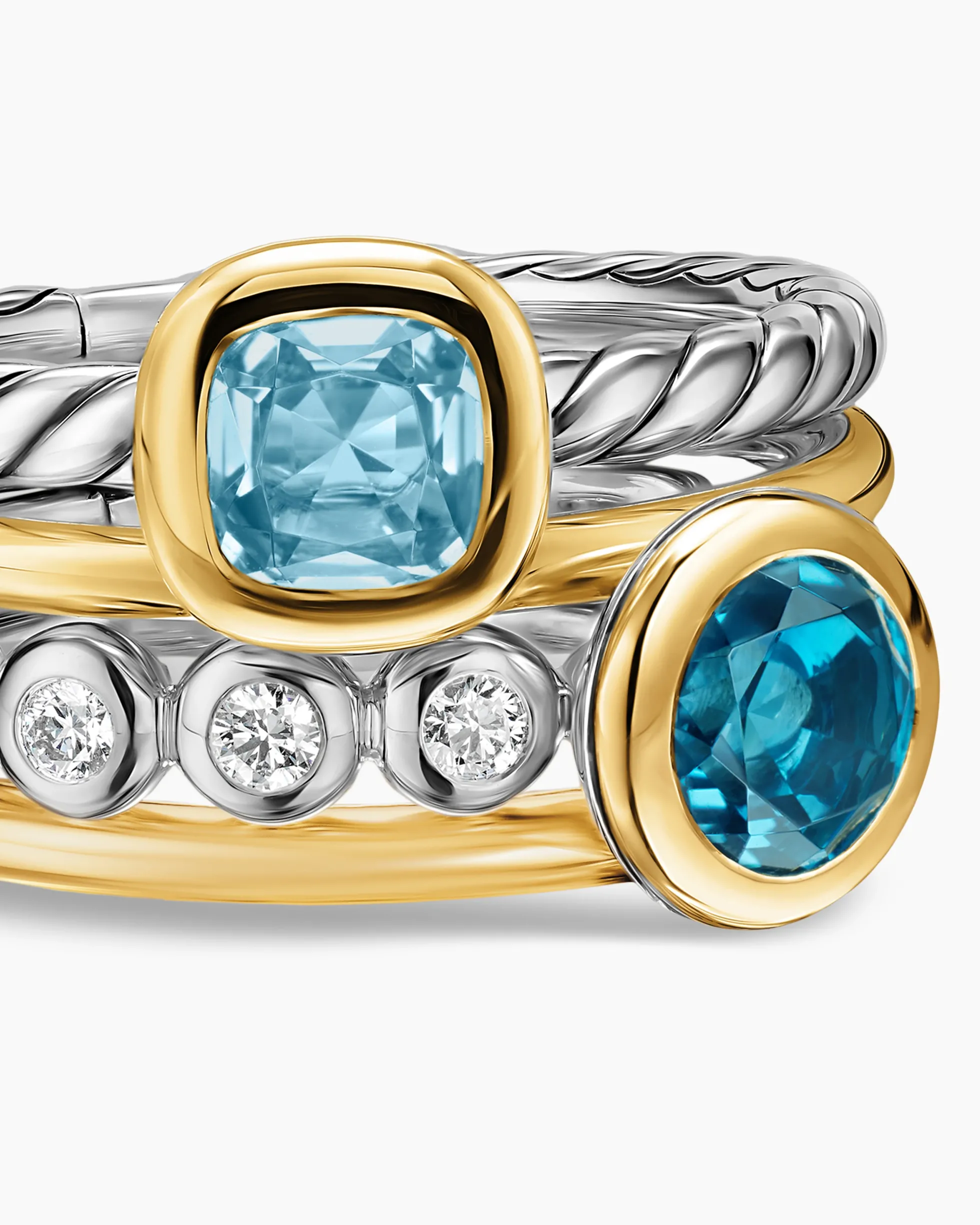 DY Mercer® Color Stone Multi Row Ring Sterling Silver with 18K Yellow Gold, Blue Topaz and Diamonds, 10mm