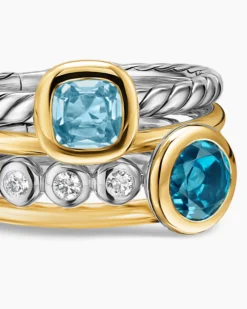 DY Mercer® Color Stone Multi Row Ring Sterling Silver with 18K Yellow Gold, Blue Topaz and Diamonds, 10mm