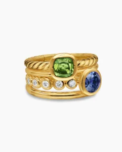 DY Mercer® Color Stone Multi Row Ring 18K Yellow Gold with Green Tourmaline, Tanzanite and Diamonds, 10mm