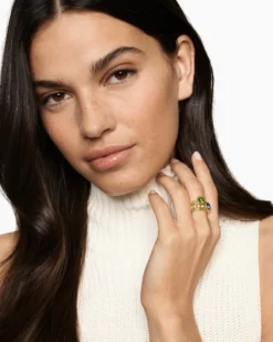 DY Mercer® Color Stone Multi Row Ring 18K Yellow Gold with Green Tourmaline, Tanzanite and Diamonds, 10mm