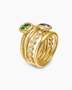 DY Mercer® Color Stone Multi Row Ring 18K Yellow Gold with Green Tourmaline, Tanzanite and Diamonds, 10mm