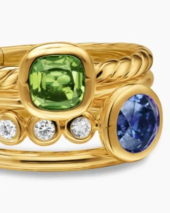 DY Mercer® Color Stone Multi Row Ring 18K Yellow Gold with Green Tourmaline, Tanzanite and Diamonds, 10mm