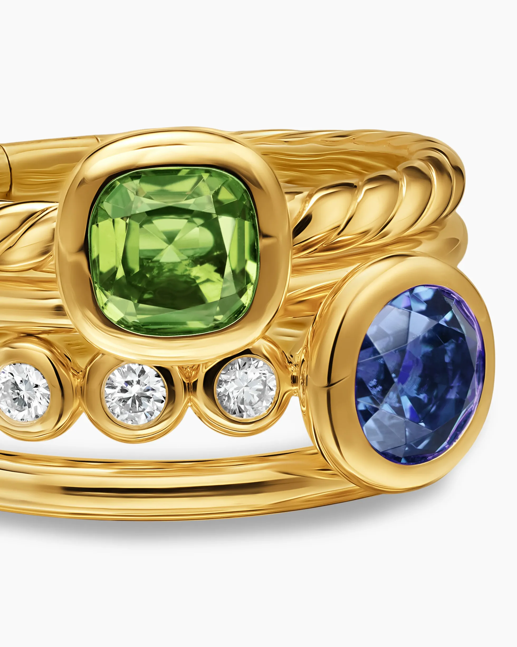 DY Mercer® Color Stone Multi Row Ring 18K Yellow Gold with Green Tourmaline, Tanzanite and Diamonds, 10mm