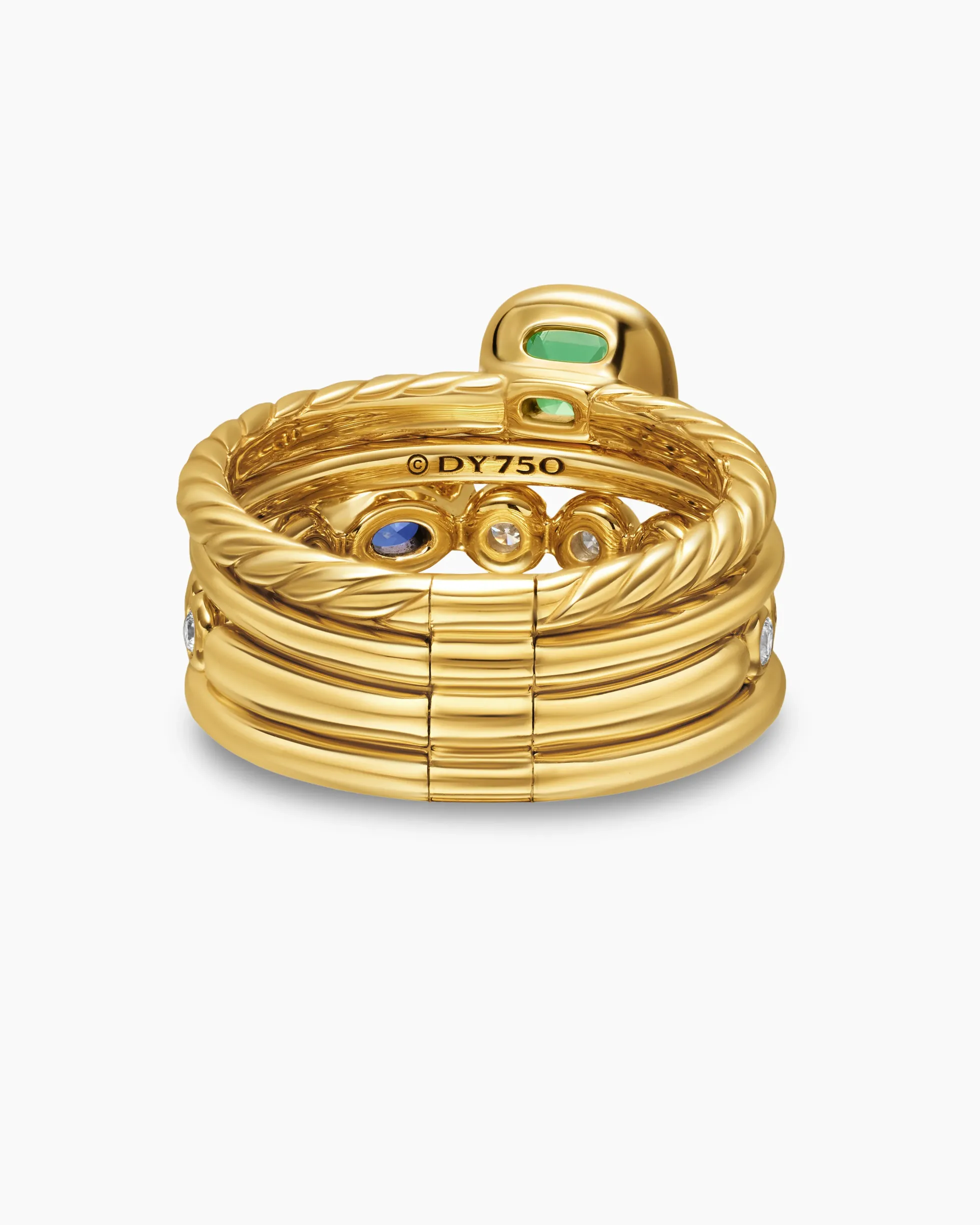 DY Mercer® Color Stone Multi Row Ring 18K Yellow Gold with Green Tourmaline, Tanzanite and Diamonds, 10mm