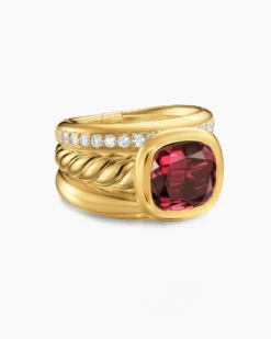 DY Mercer® Color Three Row Stone Ring 18K Yellow Gold with Rhodolite Garnet and Diamonds, 12mm