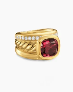 DY Mercer® Color Three Row Stone Ring 18K Yellow Gold with Rhodolite Garnet and Diamonds, 12mm