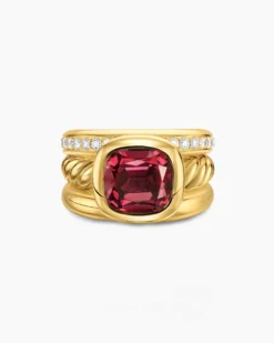 DY Mercer® Color Three Row Stone Ring 18K Yellow Gold with Rhodolite Garnet and Diamonds, 12mm