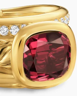 DY Mercer® Color Three Row Stone Ring 18K Yellow Gold with Rhodolite Garnet and Diamonds, 12mm