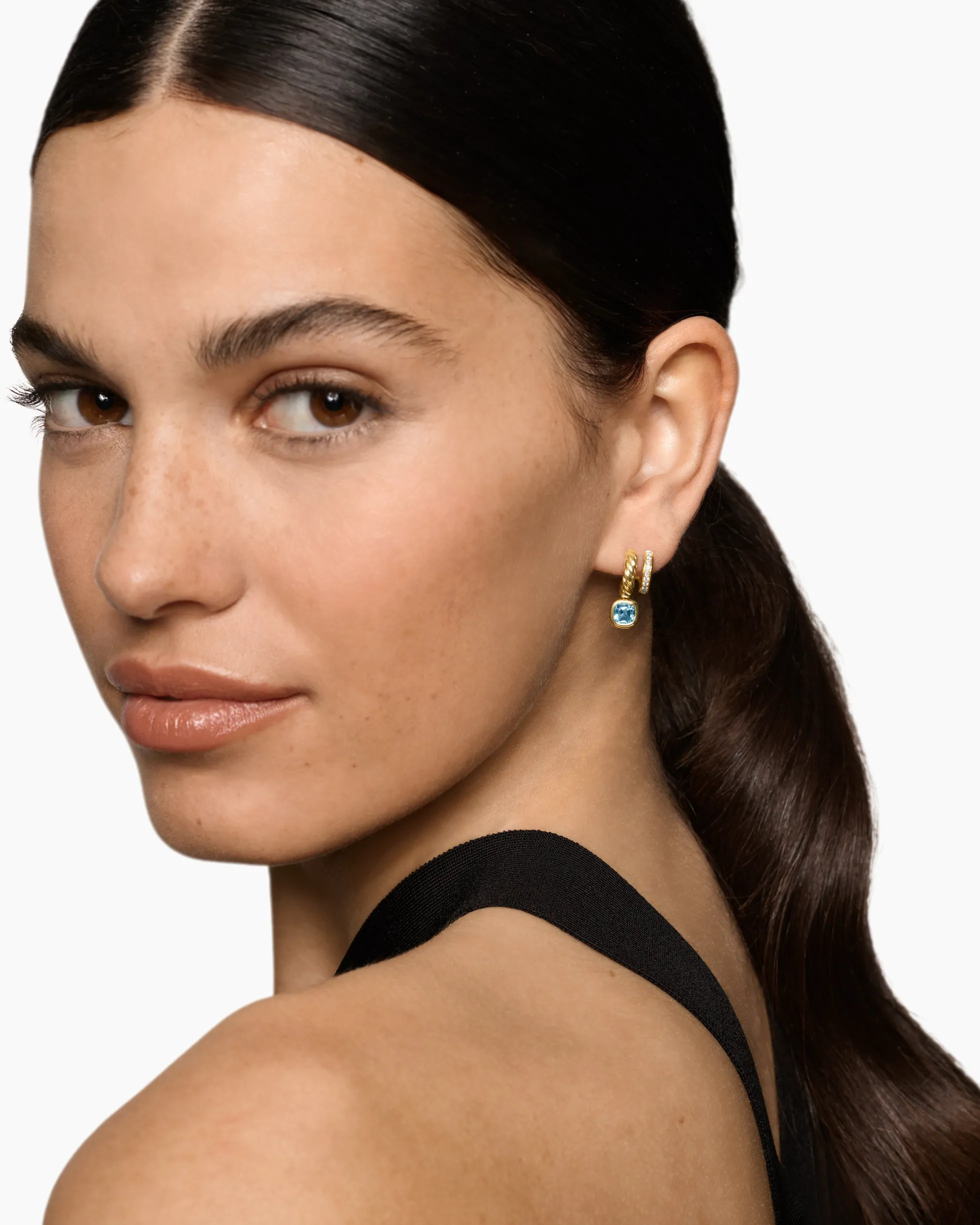 DY Mercer® Color Two Row Drop Earrings 18K Yellow Gold with Sky Blue Topaz and Diamonds, 19.5mm