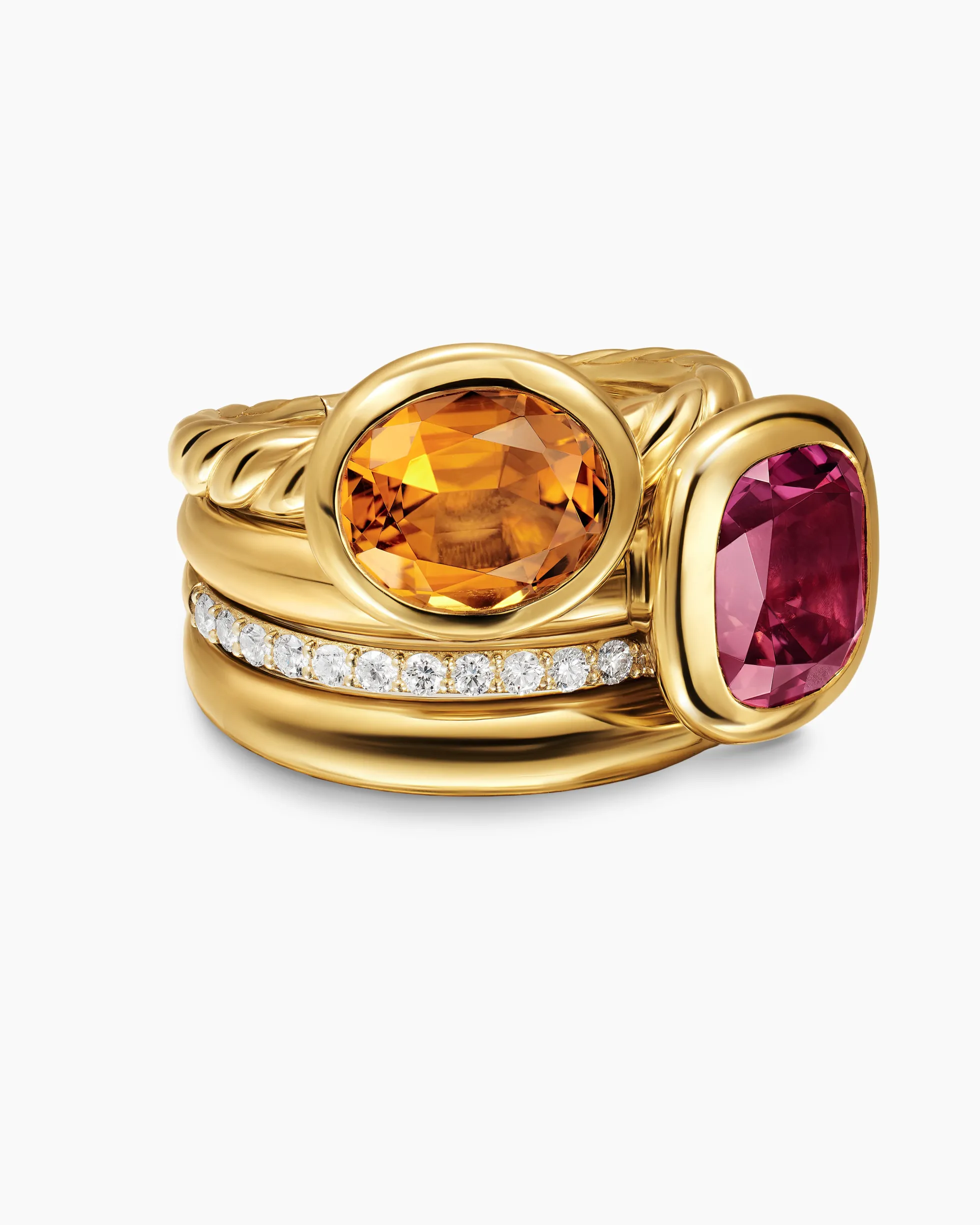DY Mercer® Color Two Stone Cocktail Ring 18K Yellow Gold with Madeira Citrine, Pink Tourmaline and Diamonds, 17.7mm