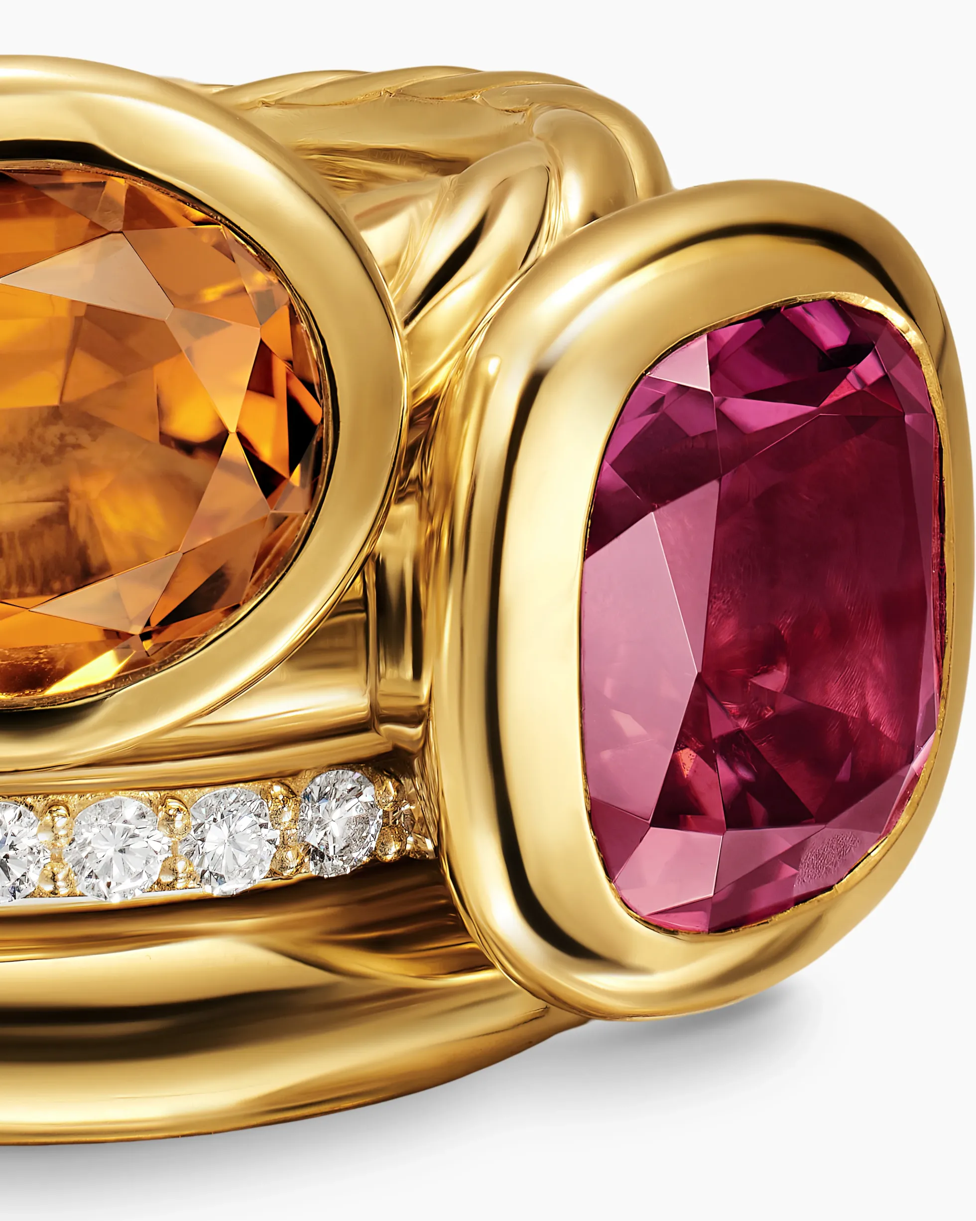 DY Mercer® Color Two Stone Cocktail Ring 18K Yellow Gold with Madeira Citrine, Pink Tourmaline and Diamonds, 17.7mm