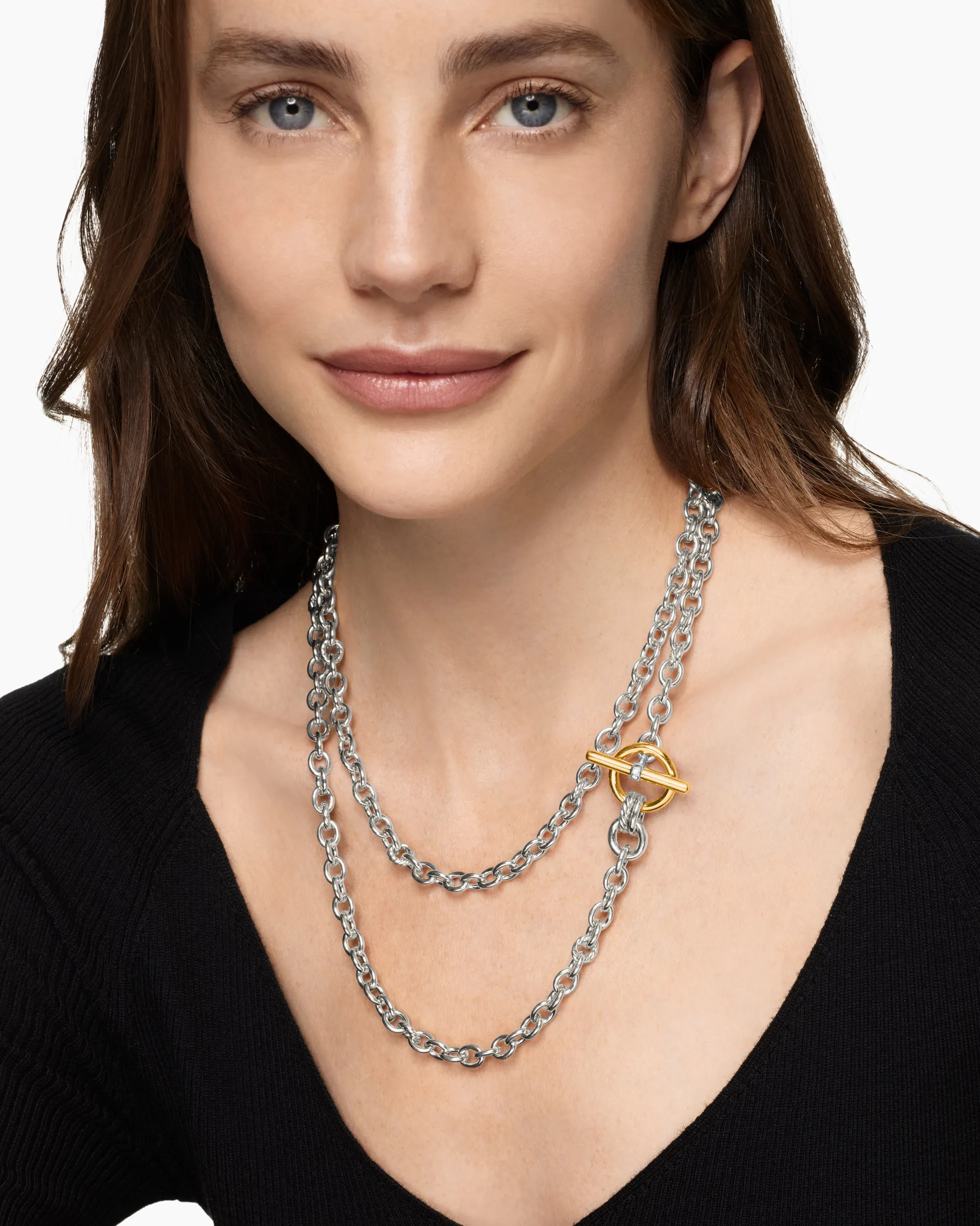 DY Mercer® Double Row Toggle Chain Necklace Sterling Silver with 18K Yellow Gold and Diamonds, 8mm