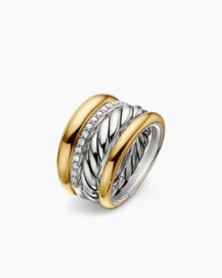 DY Mercer® Four Row Ring Sterling Silver with 18K Yellow Gold and Diamonds, 13.8mm