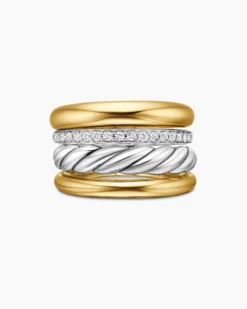 DY Mercer® Four Row Ring Sterling Silver with 18K Yellow Gold and Diamonds, 13.8mm