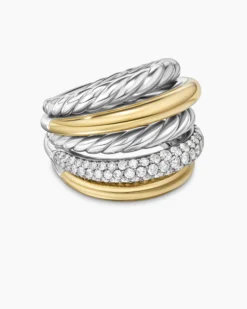 DY Mercer® Multi Row Ring Sterling Silver with 18K Yellow Gold and Diamonds, 21mm